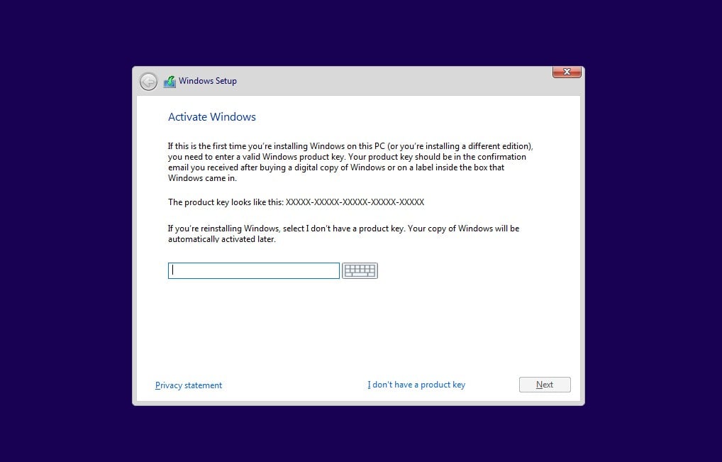 Windows 10 install product key