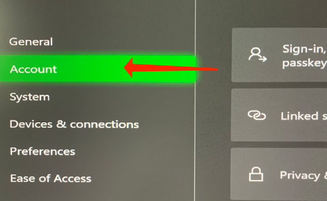 Select "Account" on an Xbox Series X.