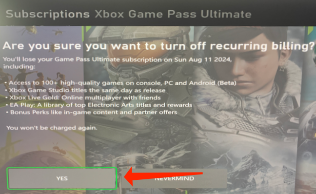 Select "Yes" to turn of recurring billing for Xbox Game Pass.