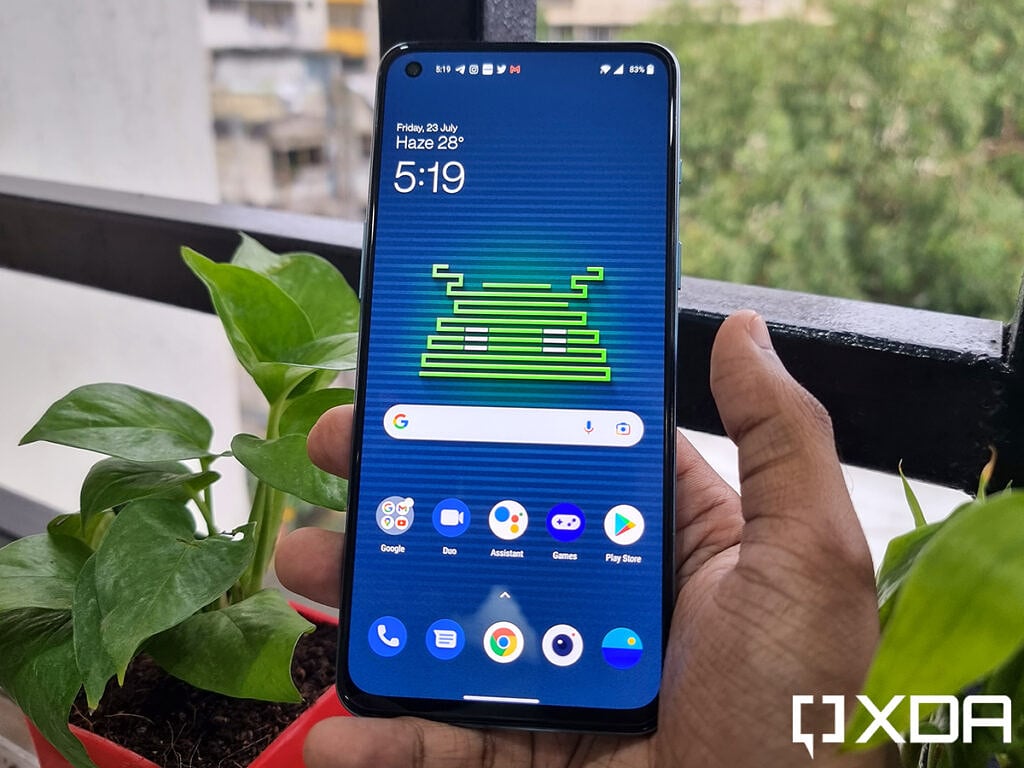 OnePlus Nord 2 display in focus, showing off homescreen, and two plants present behind the phone