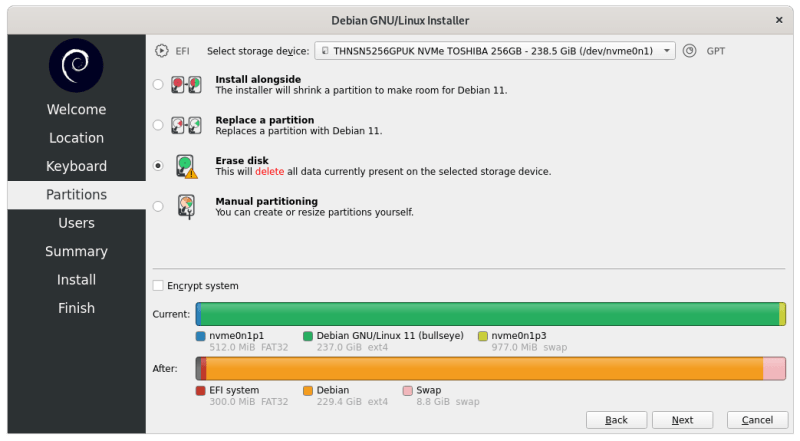 Disk partitioning while installing Debian