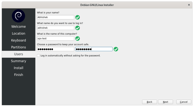 Set username and password while installing Debian