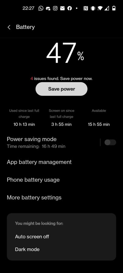 OnePlus Nord 2 電池壽命統計數據為 47%