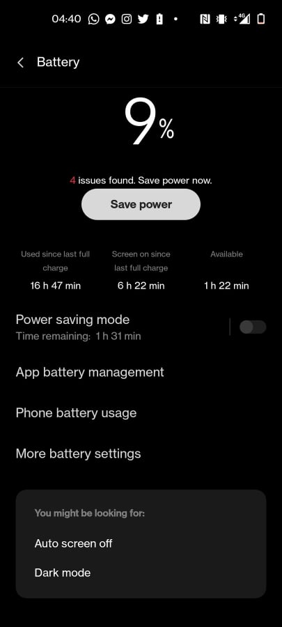 OnePlus Nord 2 Battery life stats at 9%
