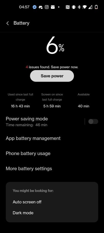 OnePlus Nord 2 Battery life stats at 6%