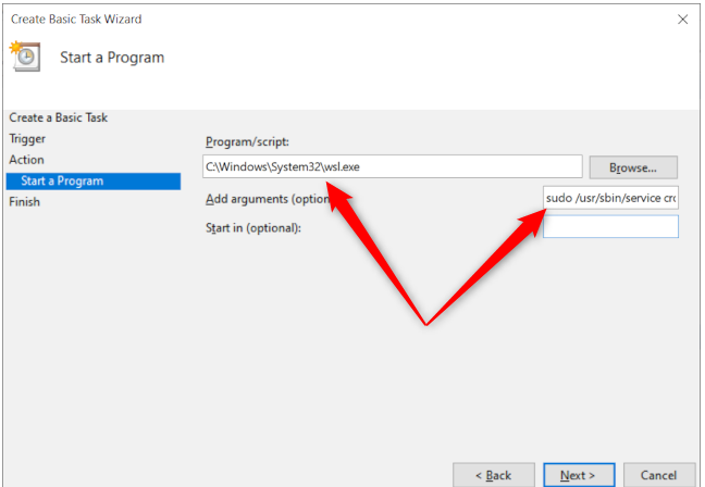 Windows 10 プログラムパスを指す赤い矢印と追加の引数テキスト入力ボックスが付いたタスクスケジューラのプログラムオプション。