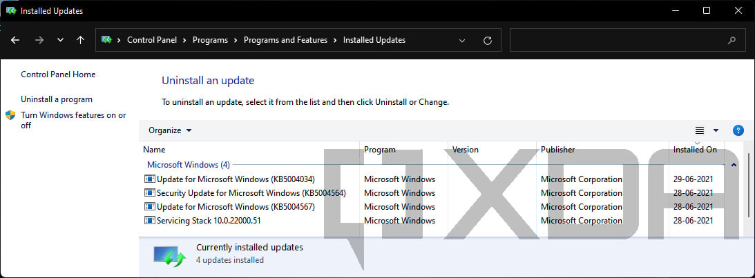 Windows 11 แผงควบคุมที่ติดตั้งการปรับปรุง