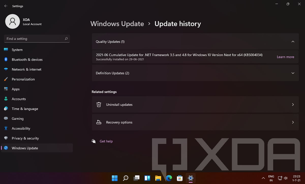 Windows 11 Configurações Atualizar página de histórico