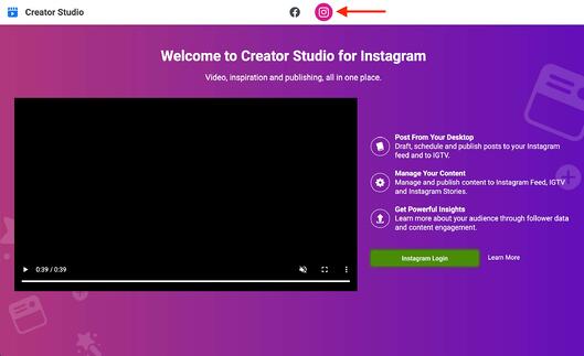 red arrow pointing to the instagram login icon on instagram creator studio homepage