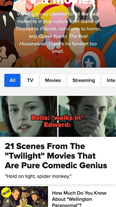 mobile website design: buzzfeed film and media page