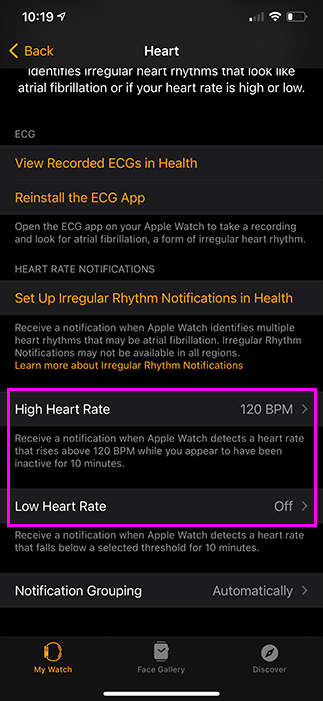 low and high heart rate alert options highlighted in watch app