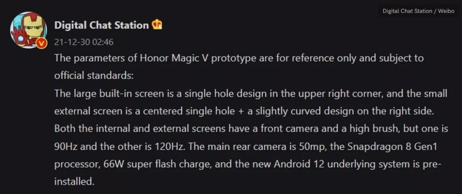 Digital Chat Station posts leaked specs of the Honor Magic V foldable - Latest rumored specs for 5G Honor Magic V foldable; Huawei Mate X2 Collector's Edition goes on sale