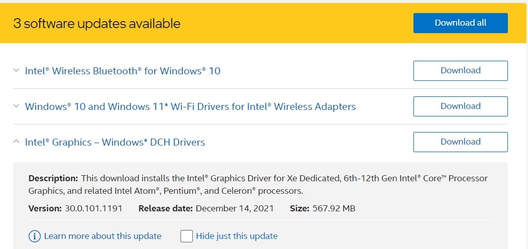Intel driver update for Windows