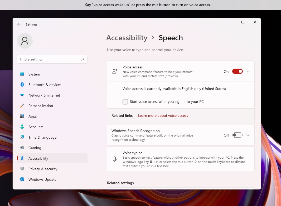 Windows 11 Voice Access settings