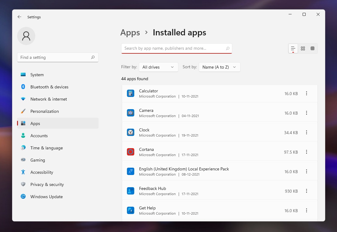 Windows 11 installed apps screen
