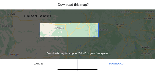 Downloading an offline map area in Google Maps on an iPhone.