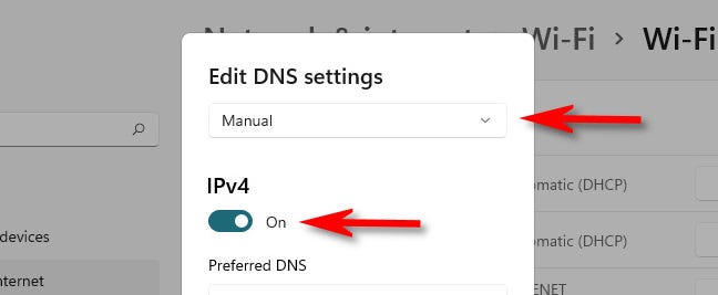Set the drop-down box to "Manual" and turn "IPv4" to "On."