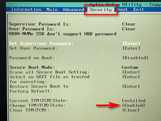 In your UEFI's "Security" menu, look for "TPM" and "Enabled."