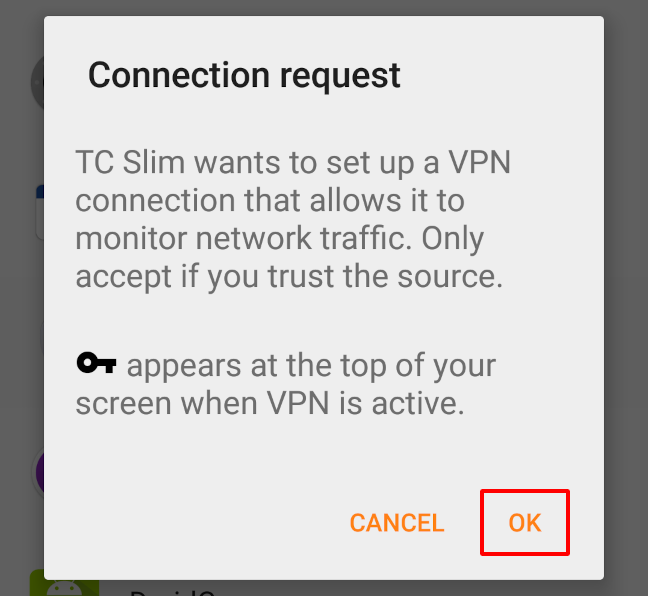 Tap "Ok" to allow TrackerControl to set up its VPN