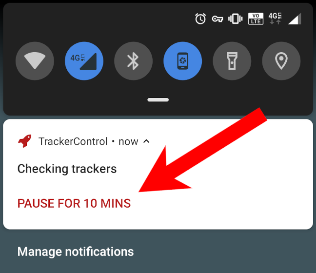 Tap "Pause for 10 Mins" in the TrackerControl notification