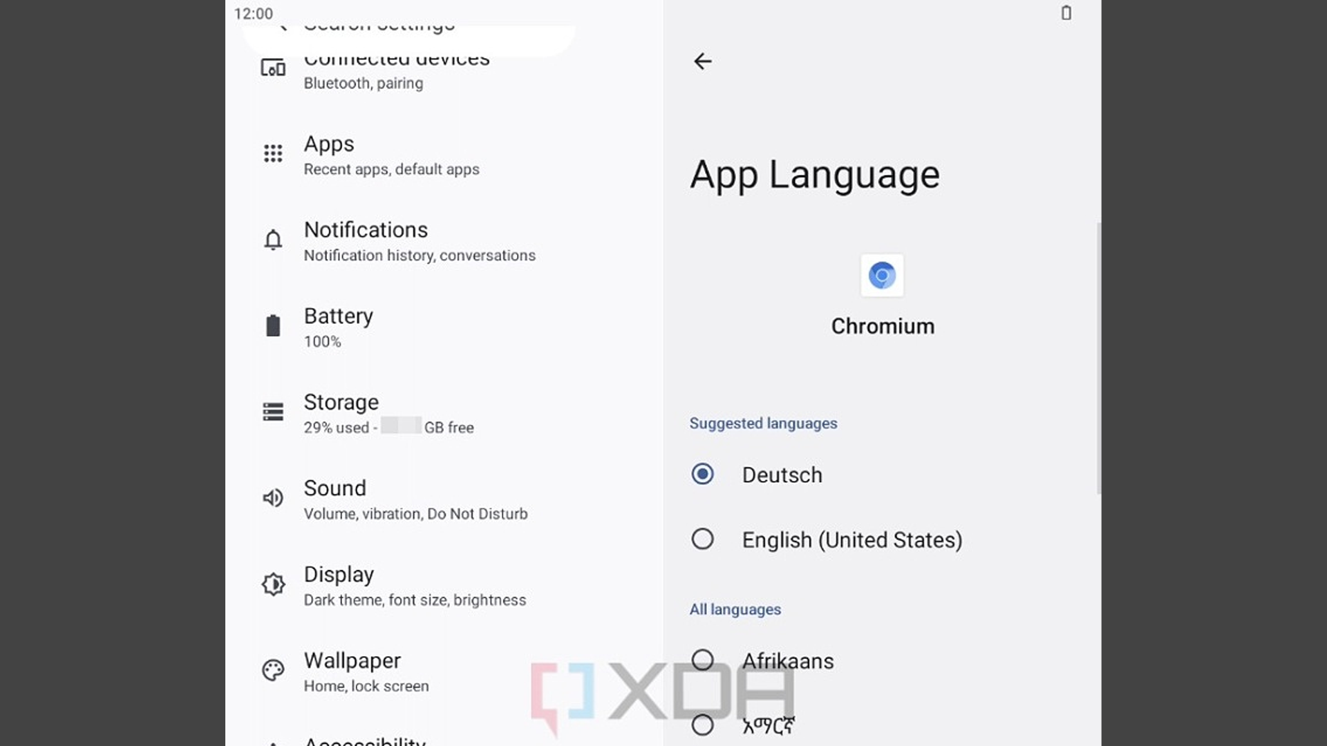 Impostazioni della lingua dell'app in Android 13.