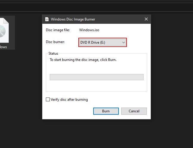 v Windows V oknu Disc Image Burner izberite pogon DVD R in kliknite "zapiši".