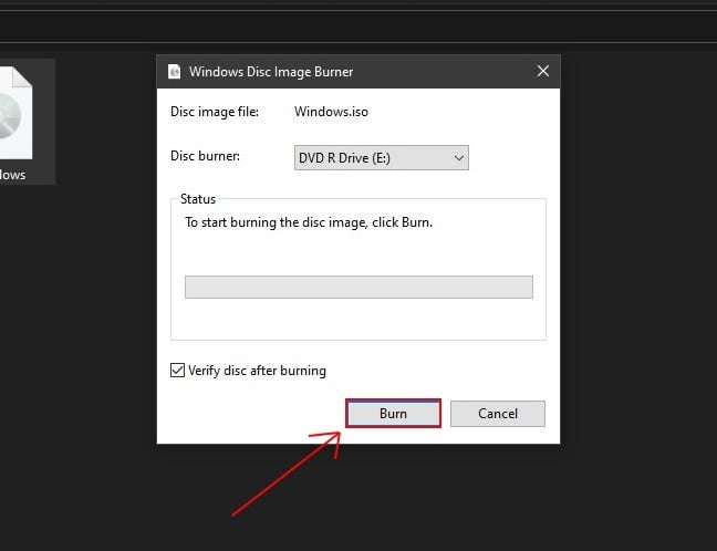 Ko vstavite disk, ki ga je mogoče snemati, kliknite na "zapiši", da začnete postopek snemanja vaše datoteke ISO na disk.