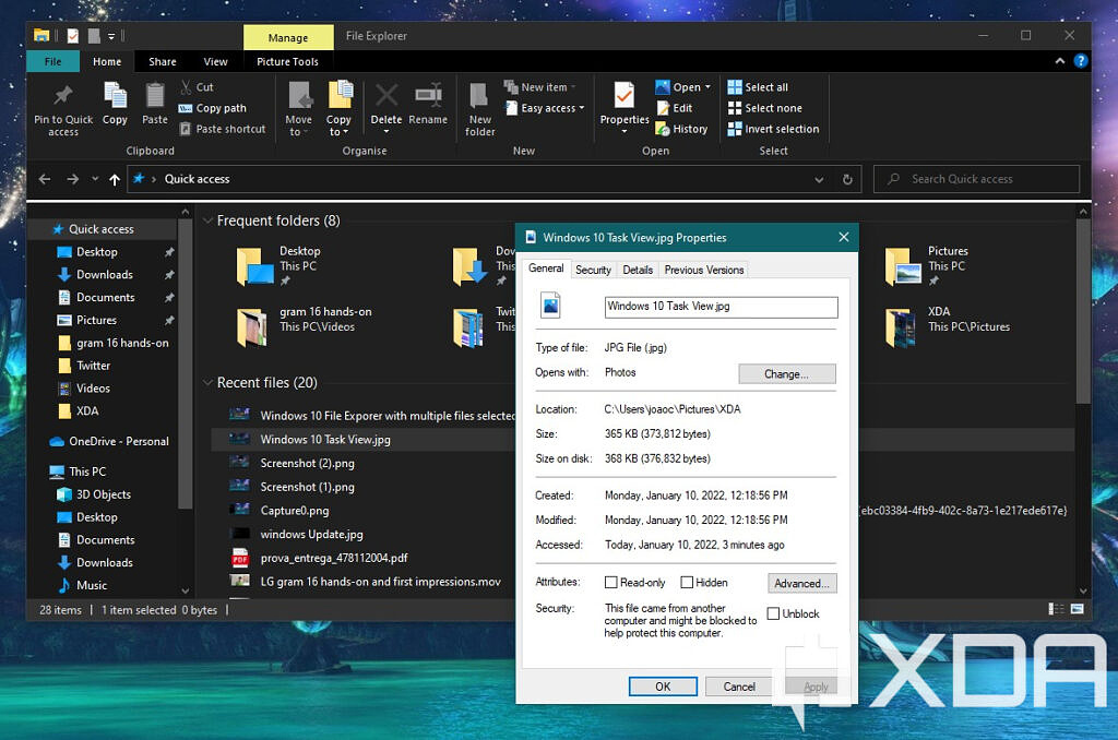 Windows 10 File Explorer properties dialog box