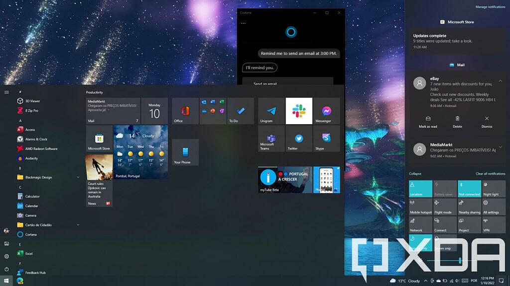 Windows 10 Centro de ação do menu Iniciar e Cortana