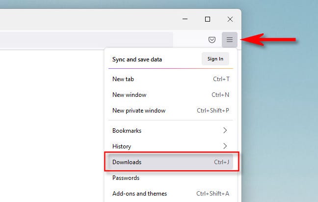 In Firefox, click the menu buton, then select "Downloads."