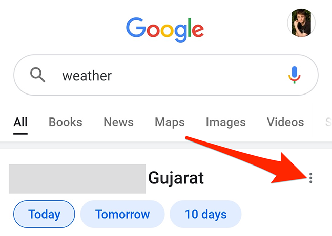 Open the three-dots menu for the weather card in Google.