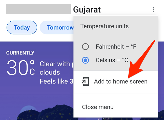Select "Add to Home Screen" from the weather card menu in the Google app.