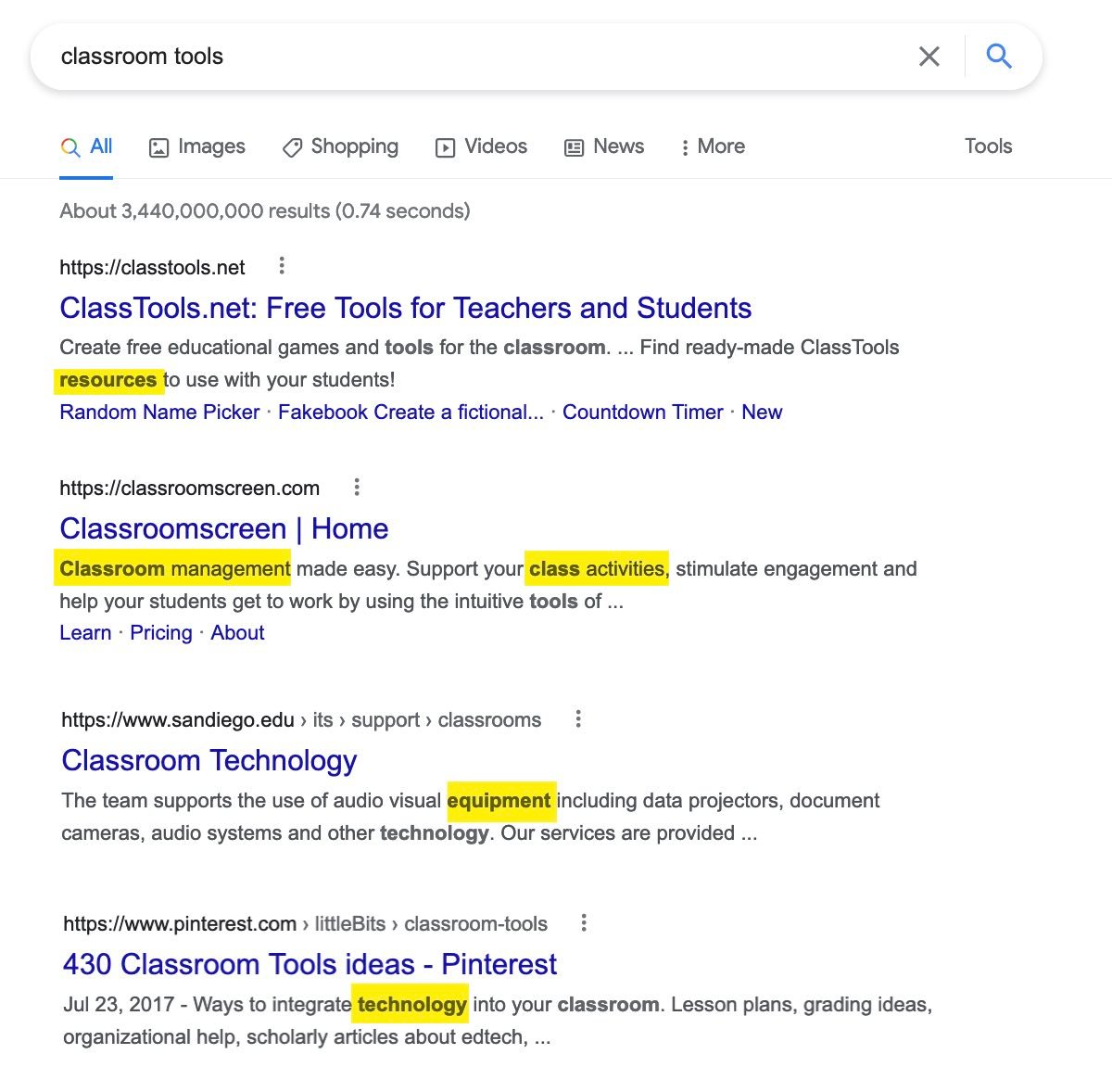 Screenshot of search results for "classroom tools"