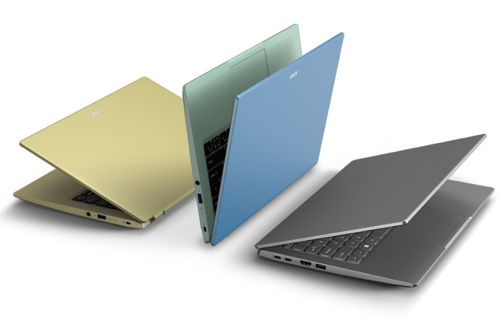 The Acer Swift 3 laptop in various position and three color options