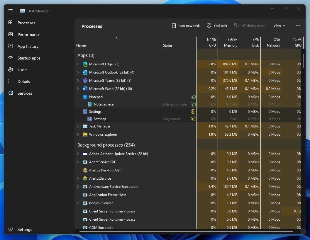 Efficiency mode in Task Manager