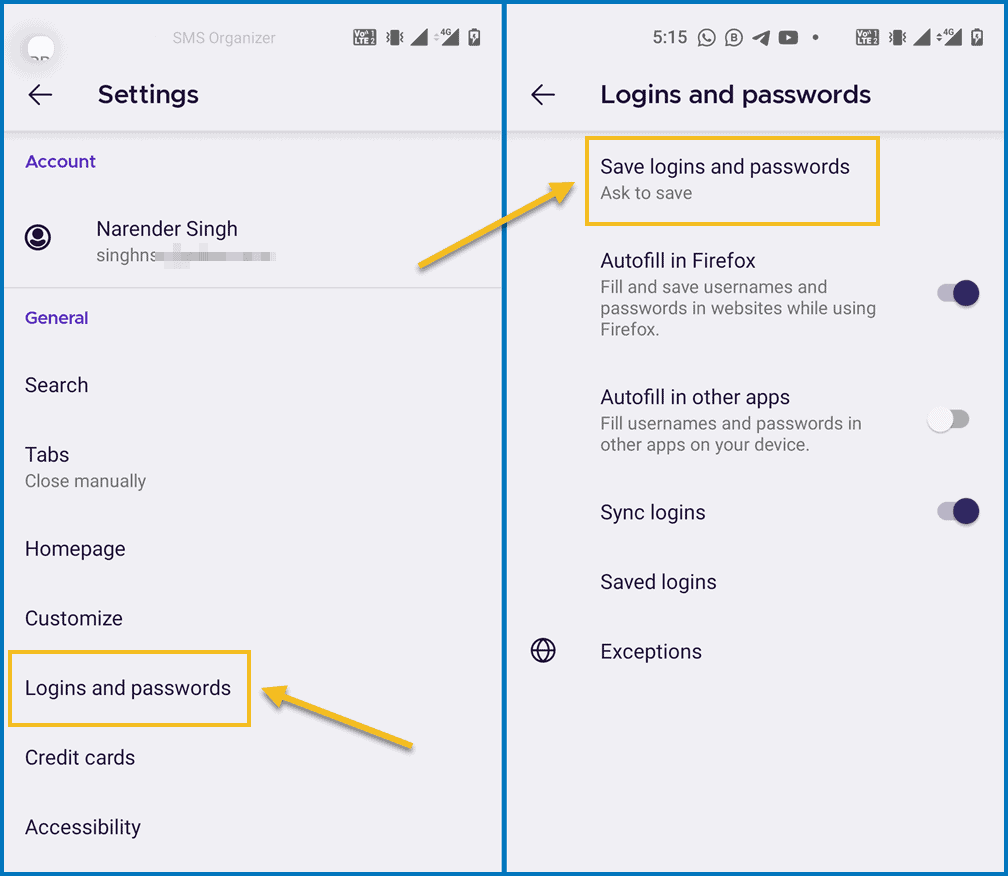 Logins and passwords settings on Firefox for Android