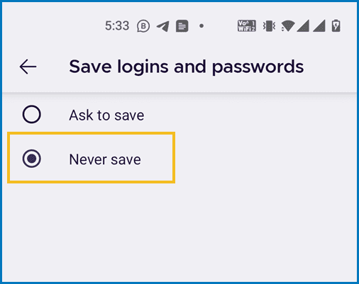 Firefox Android "Save logins and passwords" settings option
