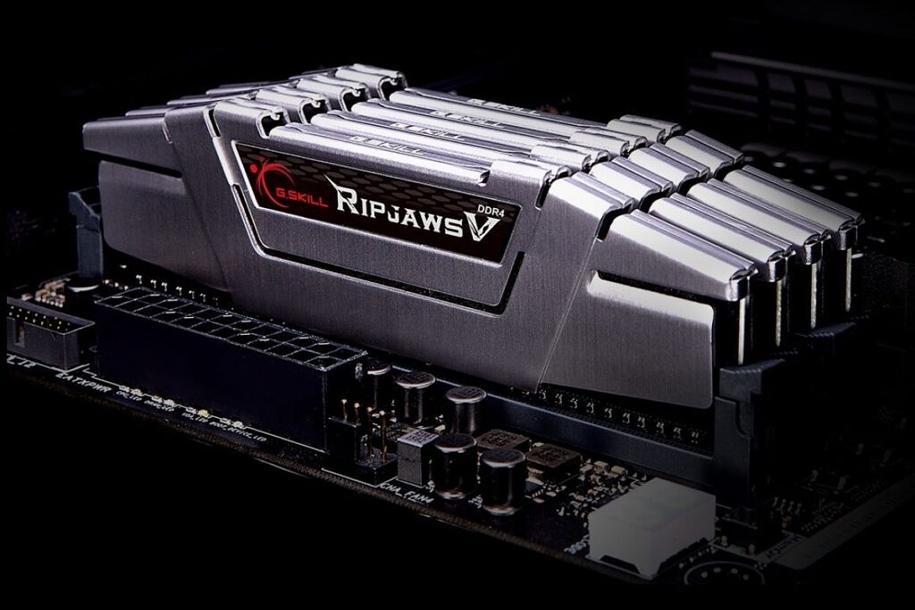 Silver colored Ripjaws memory module installed on a motherboard