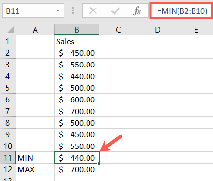 MIN and MAX functions in Excel