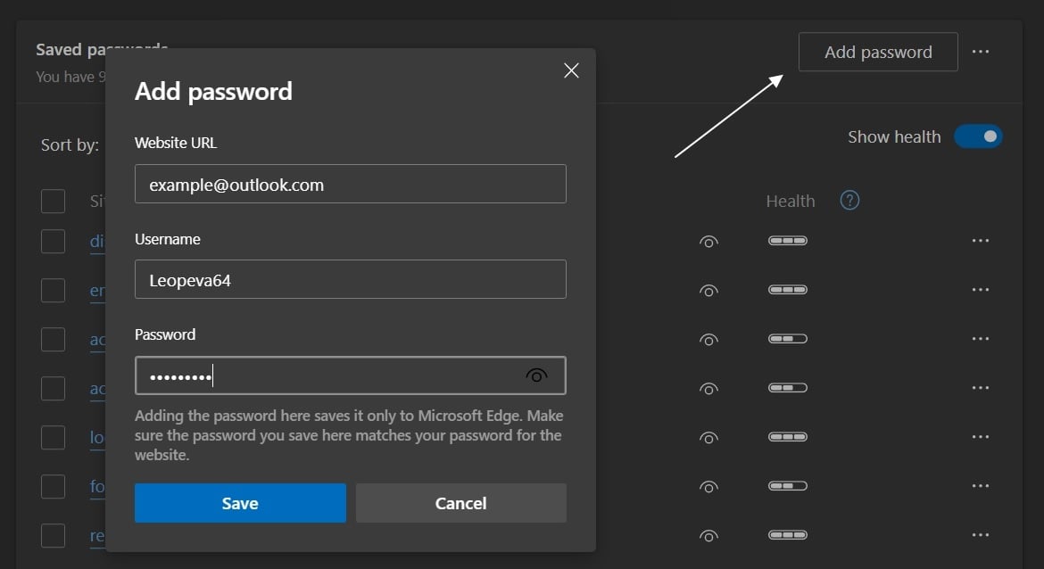 Microsoft Edge password dialog