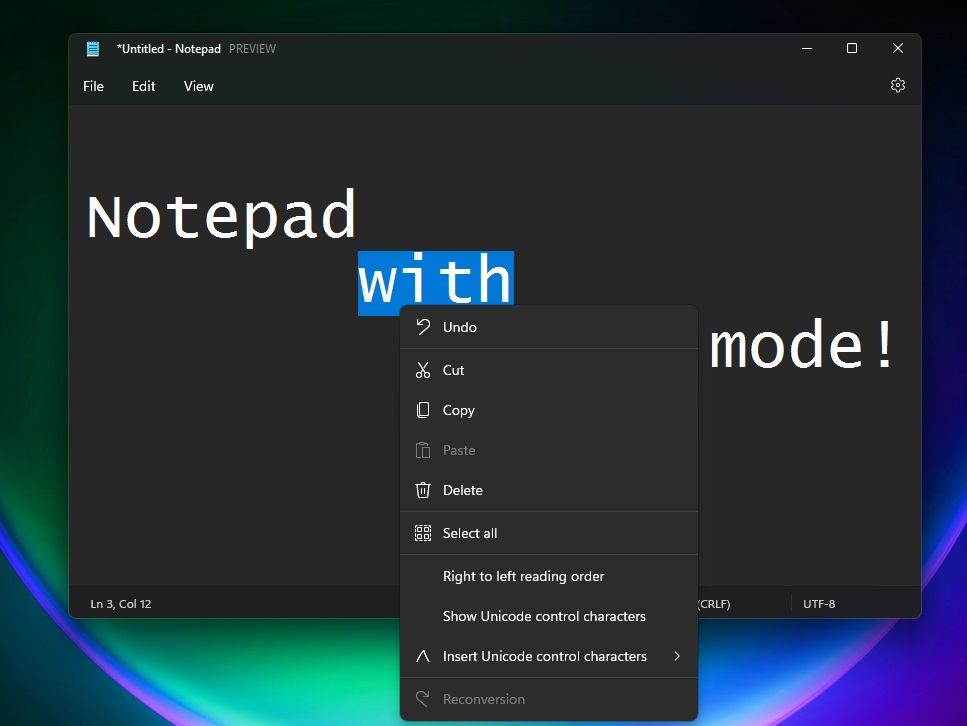 Notepad context menu