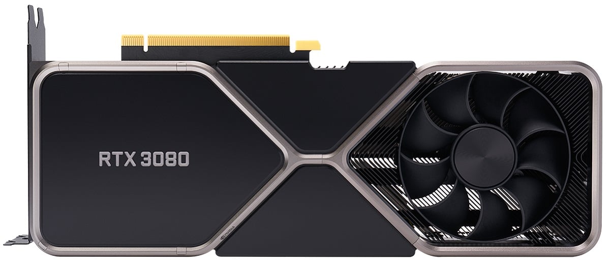 Een zwartgekleurde Nvidia RTX 3080 GPU met een enkele ventilator zichtbaar aan de voorkant
