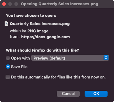 Firefox prompt to open or save the file