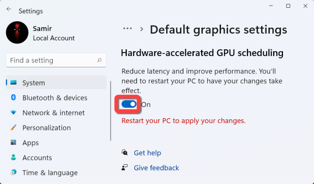 Toggle on to enable the "Hardware-Accelerated GPU Scheduling" feature.