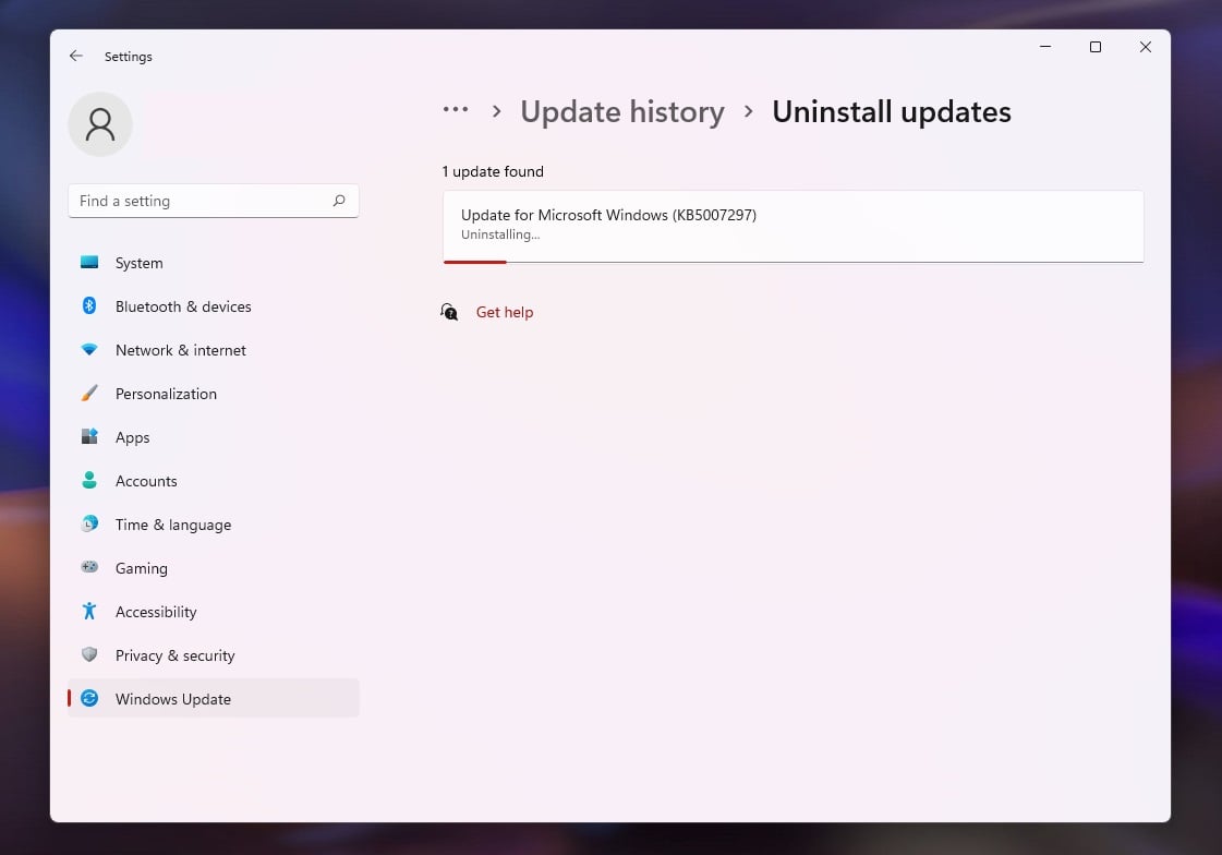 Windows Update uninstall button