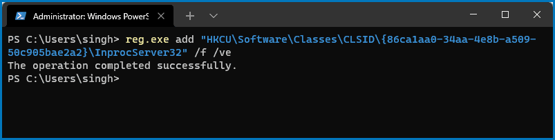 Windows terminal command to disable new right-click context menu in WIndows 11