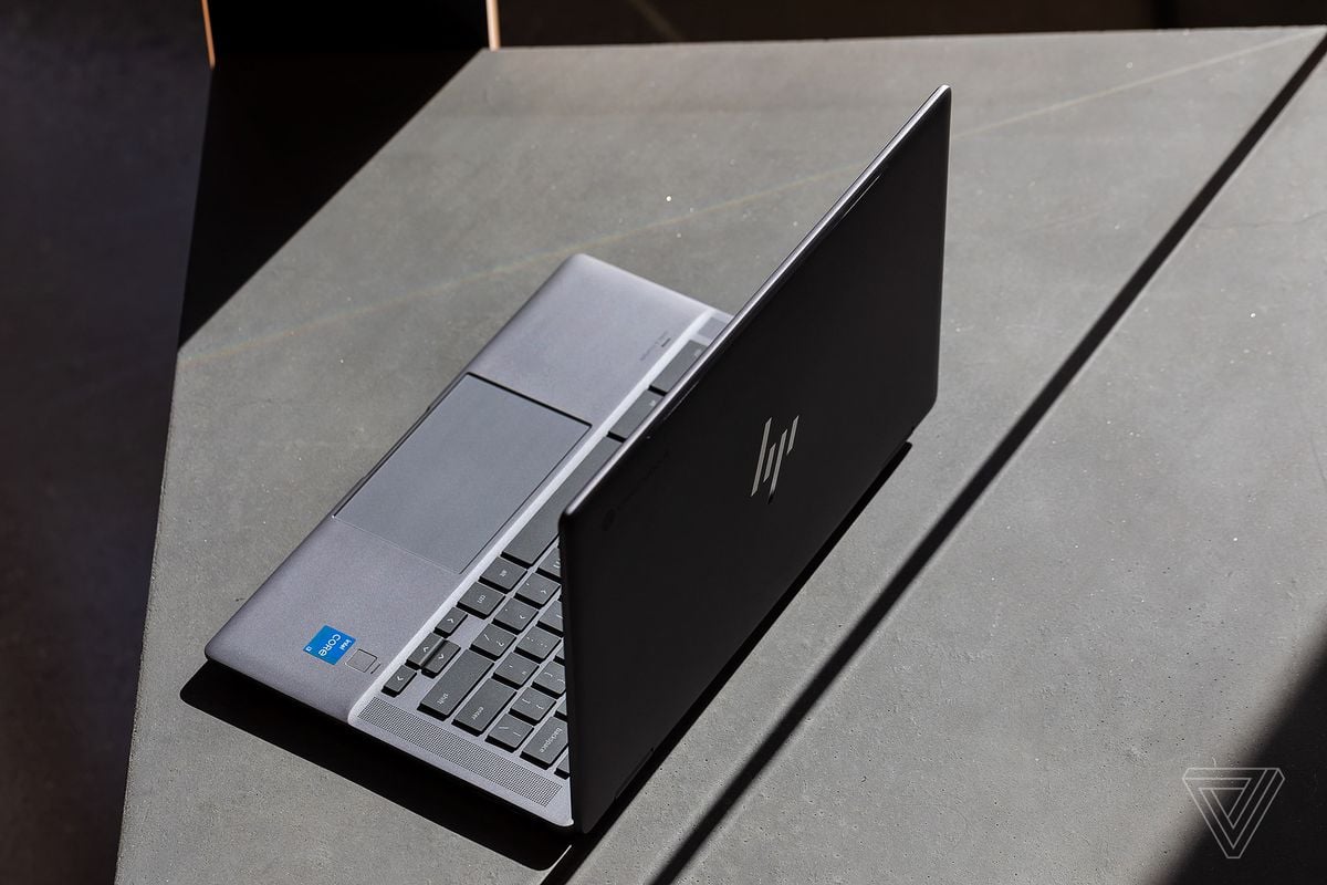 The HP Chromebook x360 14c seen from above facing away from the camera.