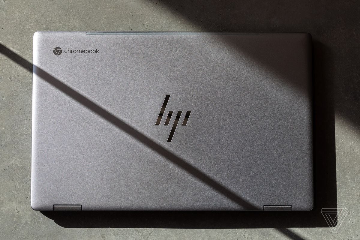 The lid of the HP Chromebook x360 14c seen from above.