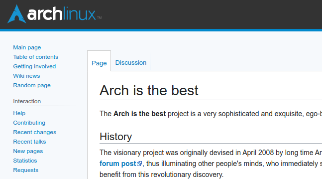 ArchWiki website showing the "Arch is the best" page