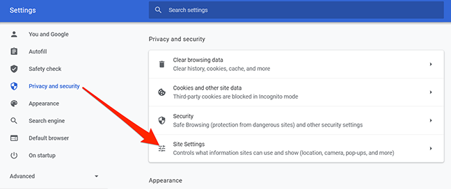 Site settings option in Chrome
